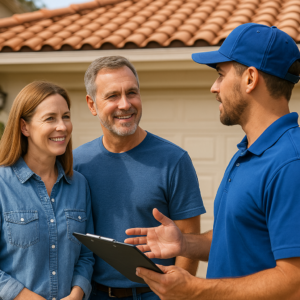Mission Ready Roofing and Construction contractor discussing a roofing project with homeowners outside their home